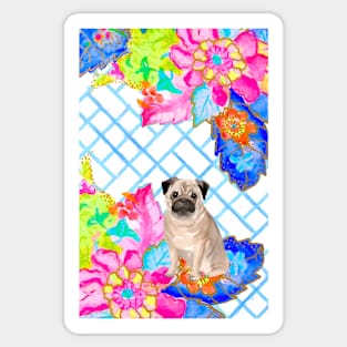 Pug on chinoiserie tobacco leaves bavkground Sticker